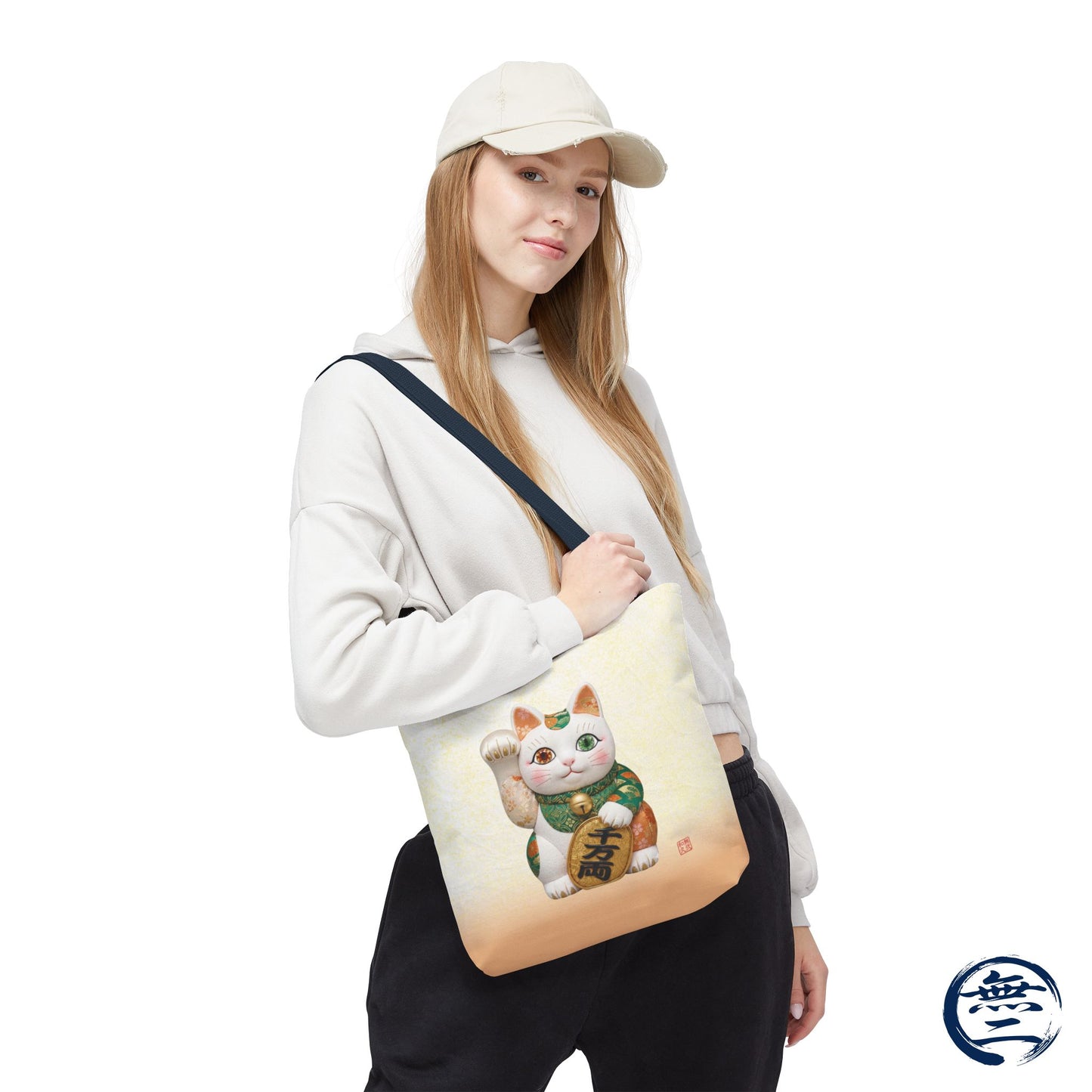 Shin-Maneki neko Modern Kimekomi Decor Style Tote Bag | Kawaii Odd-Eye & Smile Dual Design- Beckon Wealth and Prosperity MK2D | MU-NI Japan