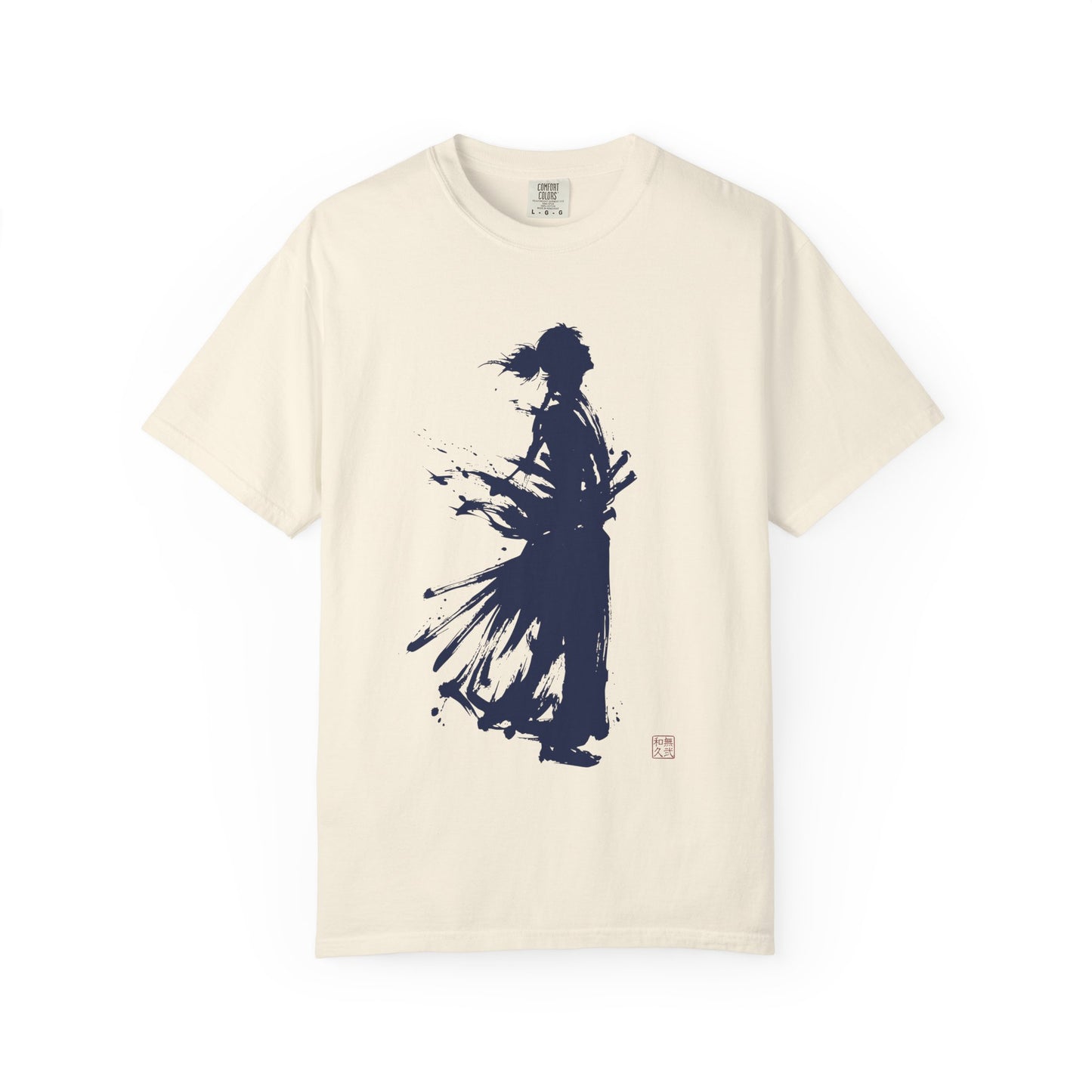 Minimalist Samurai Silhouette Zen T-Shirt - Japanese Calligraphy Kanji Shodo Art - One and Only Garment-Dyed Tee SR2T | MU-NI Japan