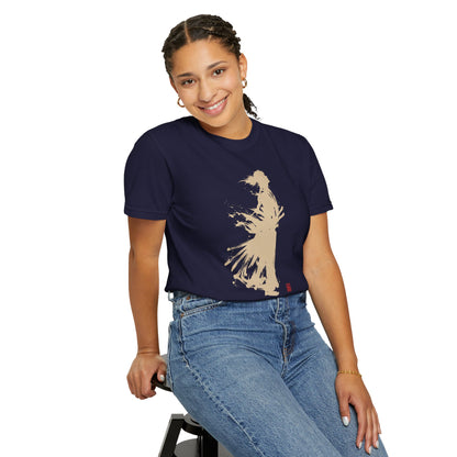 Minimalist Samurai Silhouette Zen T-Shirt - Japanese Calligraphy Kanji Shodo Art - One and Only Garment-Dyed Tee SR3U | MU-NI Japan
