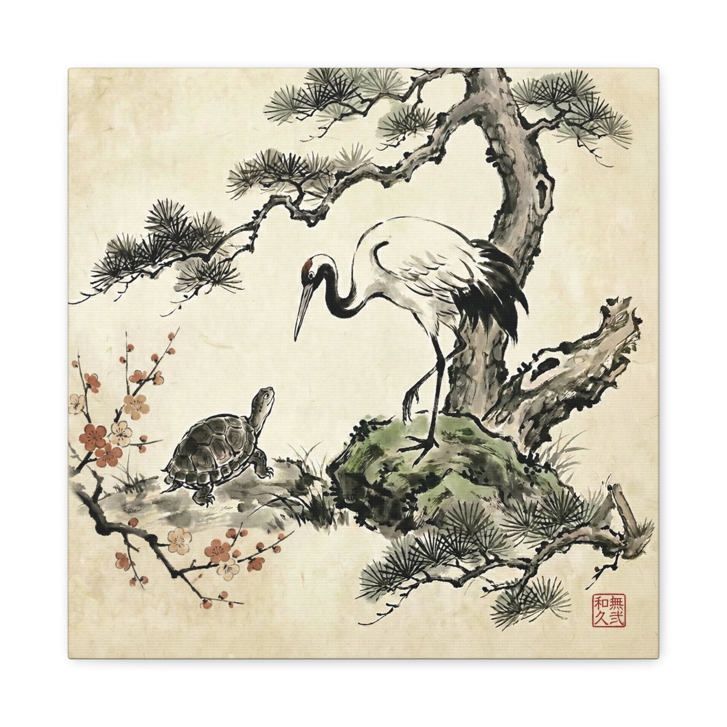 Japanese Crane and Turtle Longevity Zen Ink Art Canvas - Tsuru and Kame  | CT2V MU-NI Japan