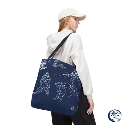 Choju Giga Tote Bag -AIZOME- Japanese Indigo Style Frogs and Rabbits Vintage Scroll Art | MU-NI Japan