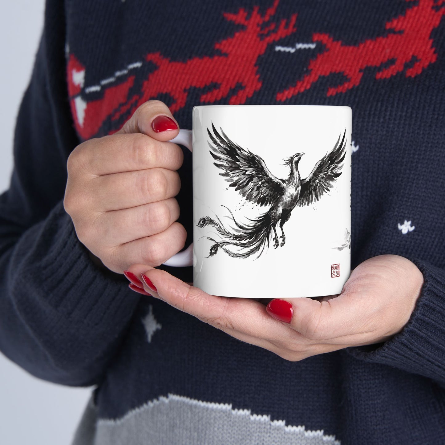 Rising Phoenix Houou over Mount Fuji Ceramic Mug - Japanese Sumi-e Zen Art Coffee Cup, Aesthetic Japandi Home Decor Gift HF1L | MU-NI Japan