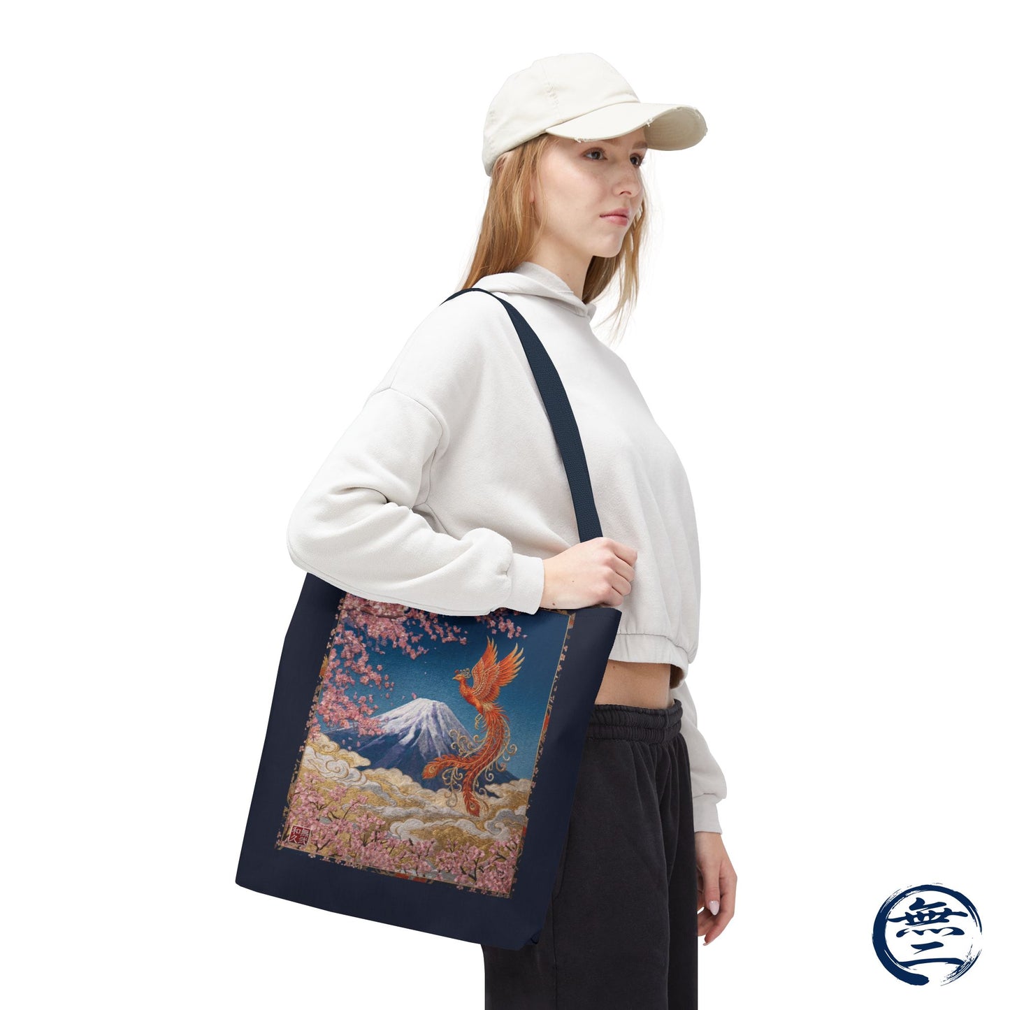 Japanese Phoenix Houou Mt Fuji Sakura Aop Tote Bag - Japandi Zen Aesthetic, Embroidery Texture Style, Mindfulness Gift HF3D | MU-NI Japan