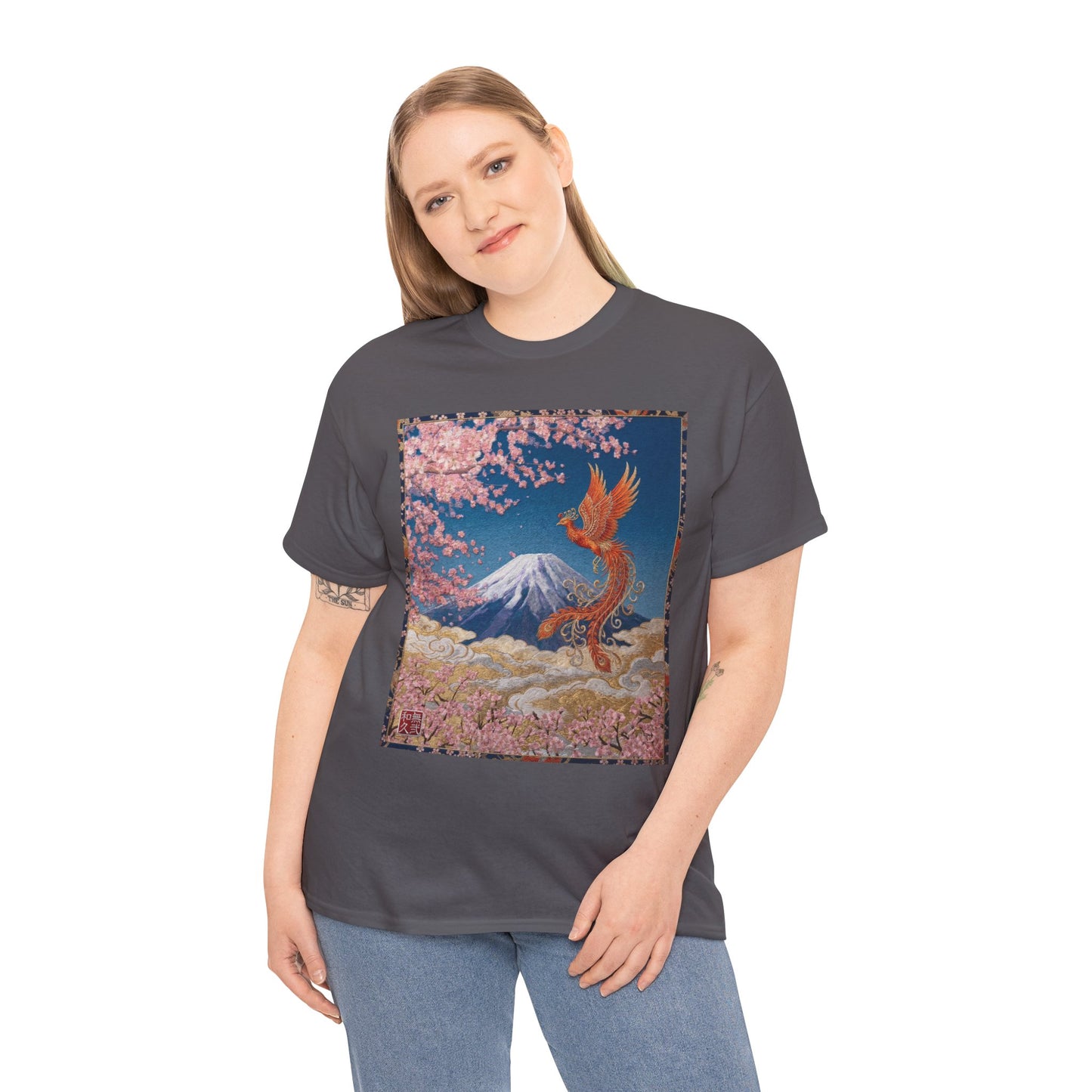Japanese Phoenix Houou Mt Fuji Sakura T-Shirt - Japandi Zen Aesthetic Tee, Embroidery Texture Style, Mindfulness Gift HF3T | MU-NI Japan