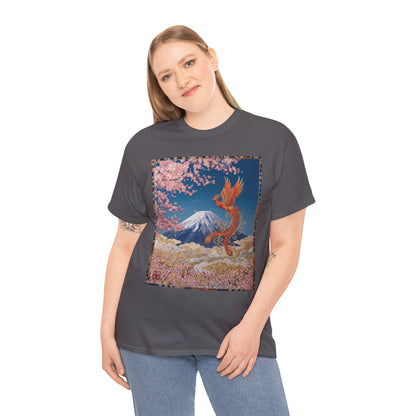 Japanese Phoenix Houou Mt Fuji Sakura T-Shirt - Japandi Zen Aesthetic Tee, Embroidery Texture Style, Mindfulness Gift HF3T | MU-NI Japan