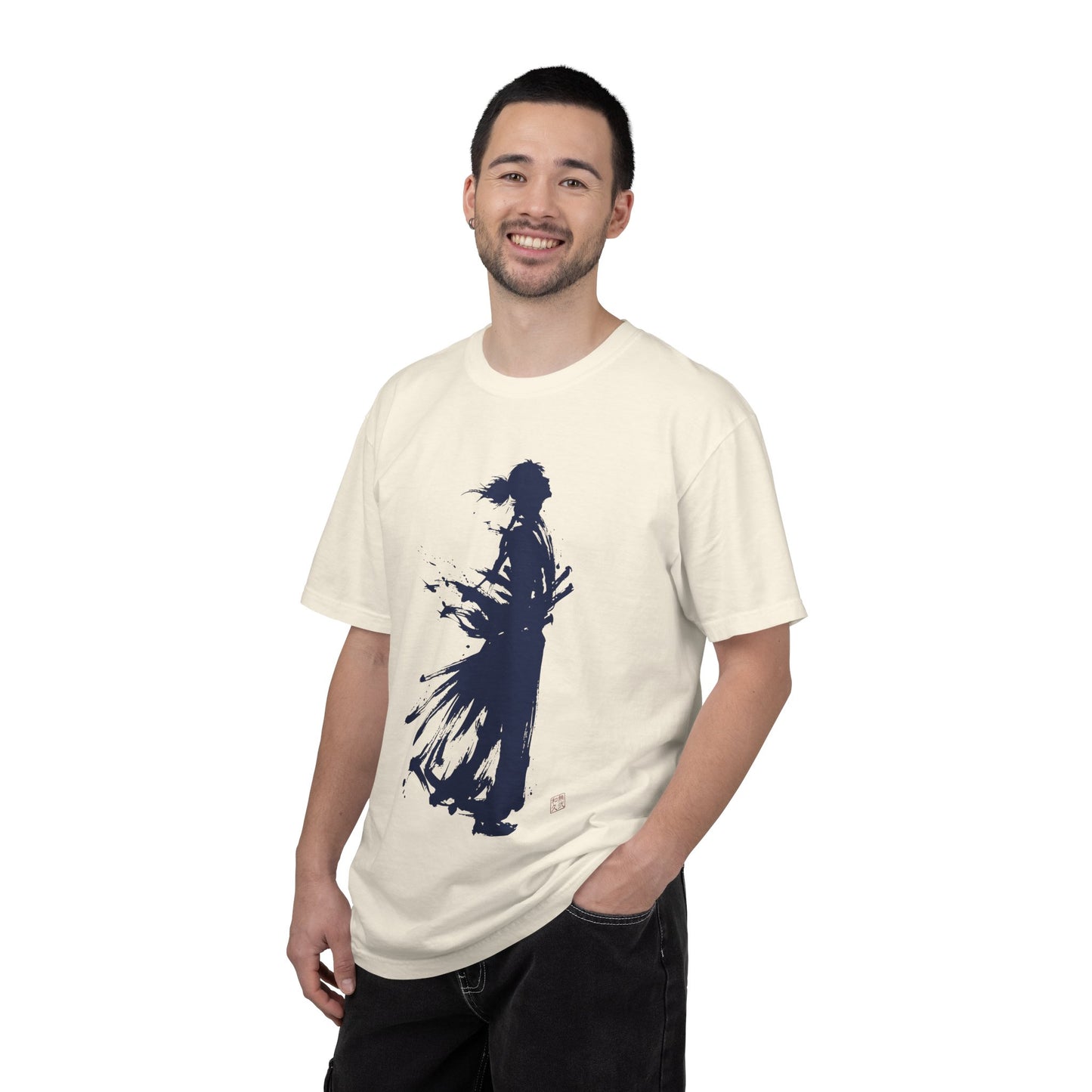 Minimalist Samurai Silhouette Zen T-Shirt - Japanese Calligraphy Kanji Shodo Art - One and Only Garment-Dyed Tee SR2T | MU-NI Japan