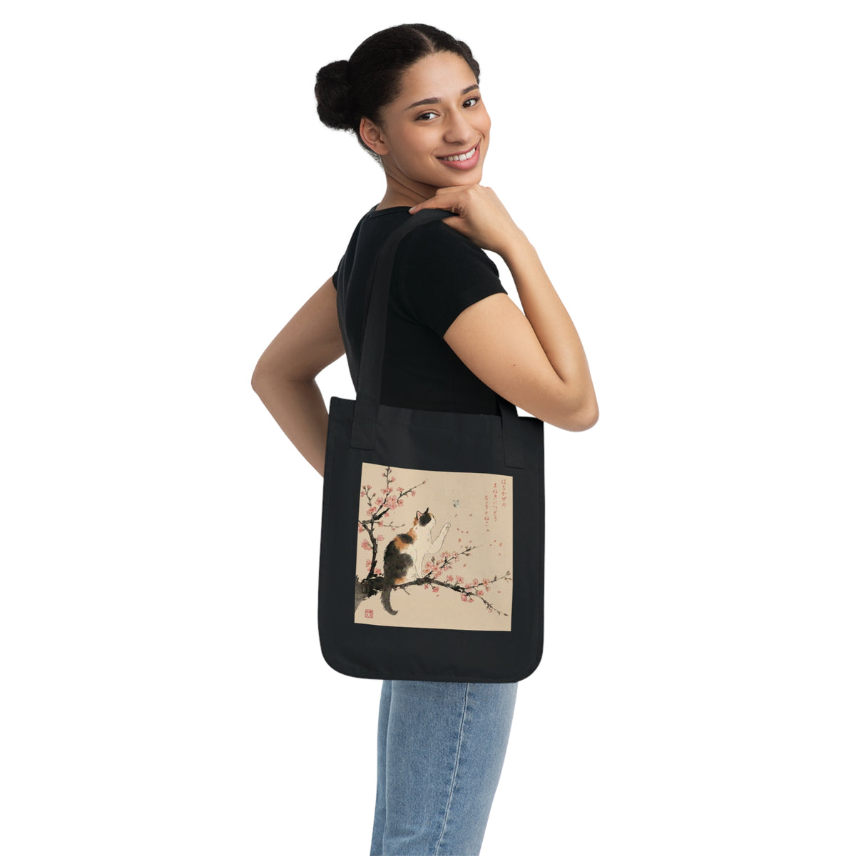 Japanese Calico Cat & Cherry Blossom "Sakura" Premium Organic Canvas Tote Bag | CC3B MU-NI Japan