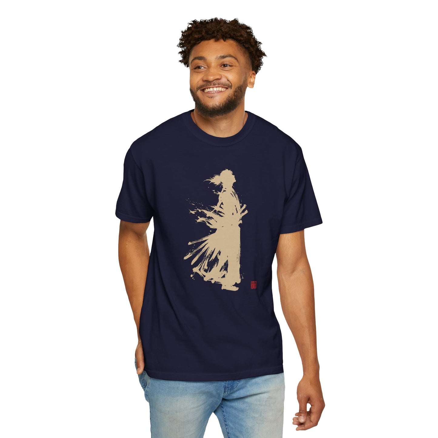 Minimalist Samurai Silhouette Zen T-Shirt - Japanese Calligraphy Kanji Shodo Art - One and Only Garment-Dyed Tee SR3U | MU-NI Japan