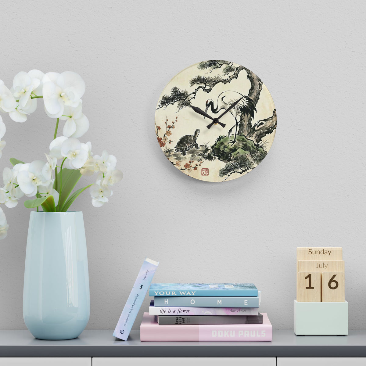 Japanese Crane and Turtle, Pine and Plum Wall Clock - Symbol of Longevity & Peace Wall Art | MU-NI Japan