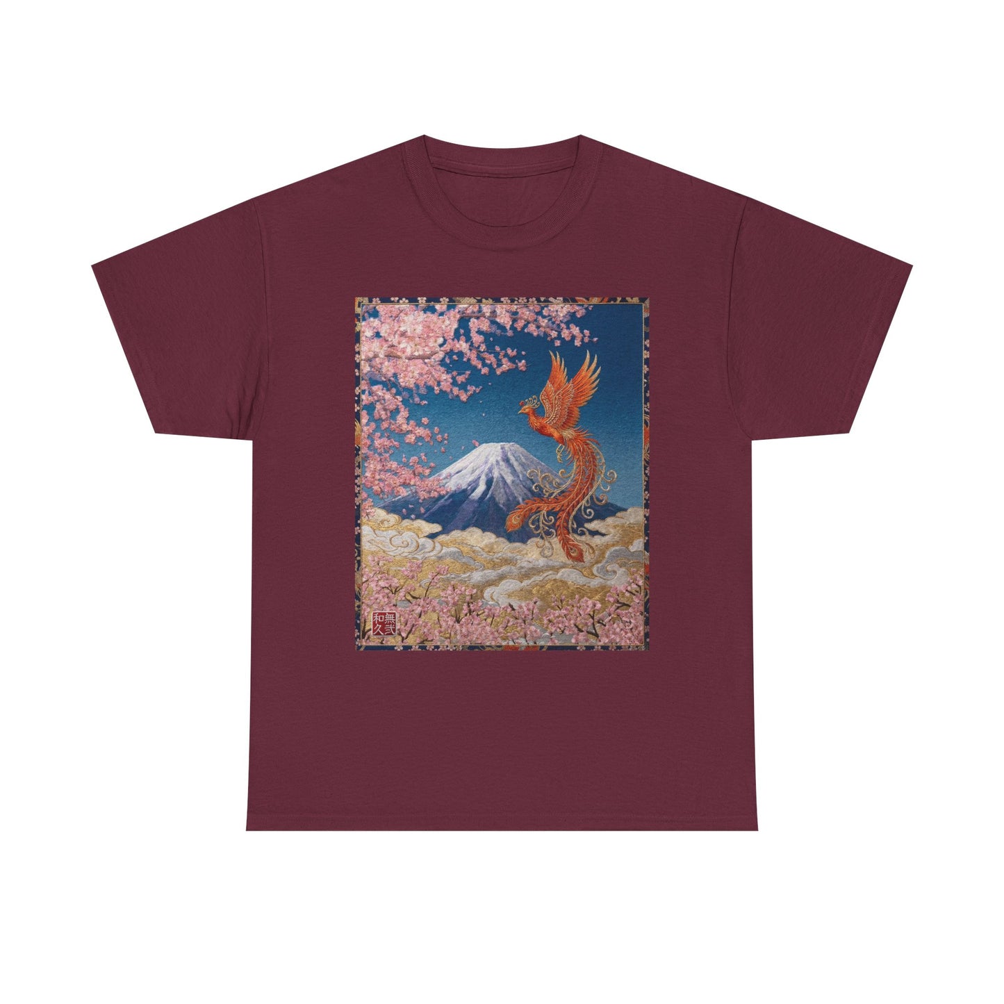 Japanese Phoenix Houou Mt Fuji Sakura T-Shirt - Japandi Zen Aesthetic Tee, Embroidery Texture Style, Mindfulness Gift HF3T | MU-NI Japan