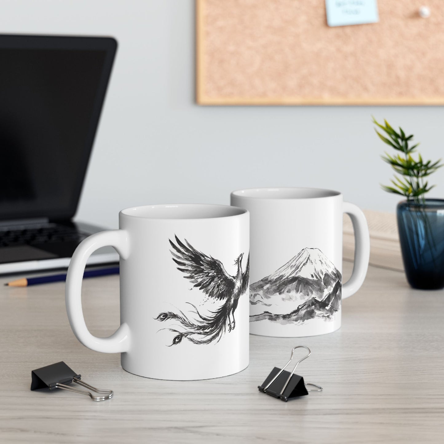 Rising Phoenix Houou over Mount Fuji Ceramic Mug - Japanese Sumi-e Zen Art Coffee Cup, Aesthetic Japandi Home Decor Gift HF1L | MU-NI Japan