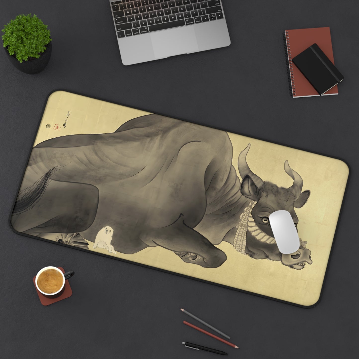 Nagasawa Rosetsu Bull and Cute Puppy Desk Mat - Remastered Japanese Art Large Mousepad | MU-NI Japan