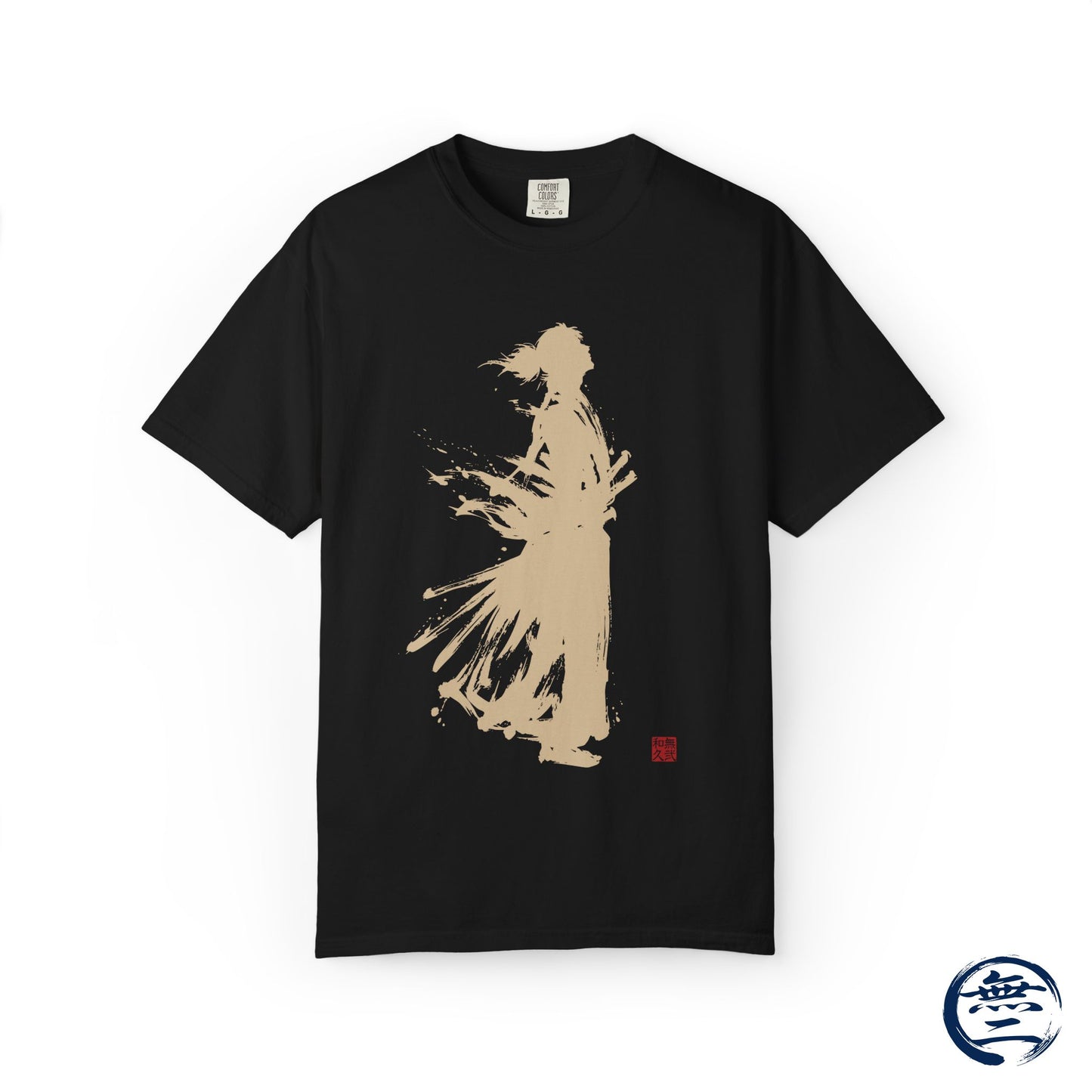 Minimalist Samurai Silhouette Zen T-Shirt - Japanese Calligraphy Kanji Shodo Art - One and Only Garment-Dyed Tee SR2U | MU-NI Japan