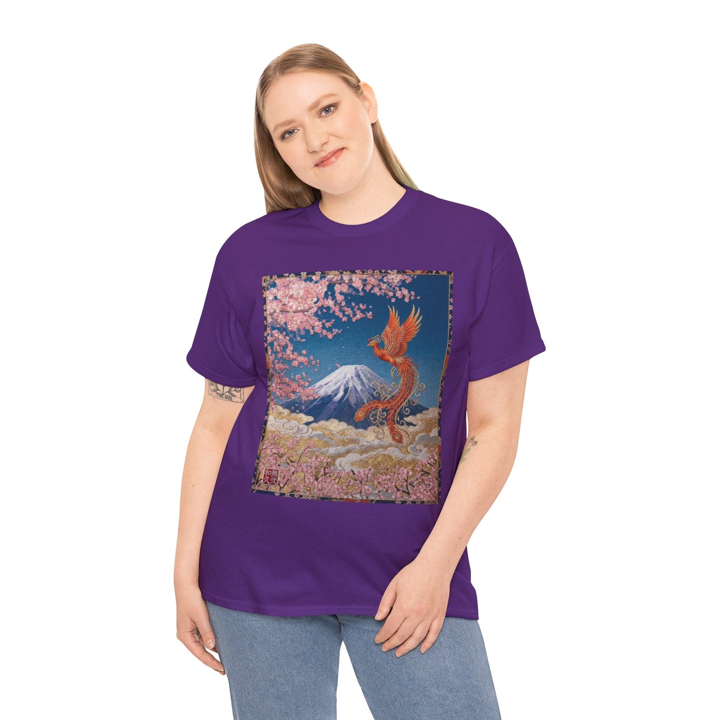 Japanese Phoenix Houou Mt Fuji Sakura T-Shirt - Japandi Zen Aesthetic Tee, Embroidery Texture Style, Mindfulness Gift HF3T | MU-NI Japan