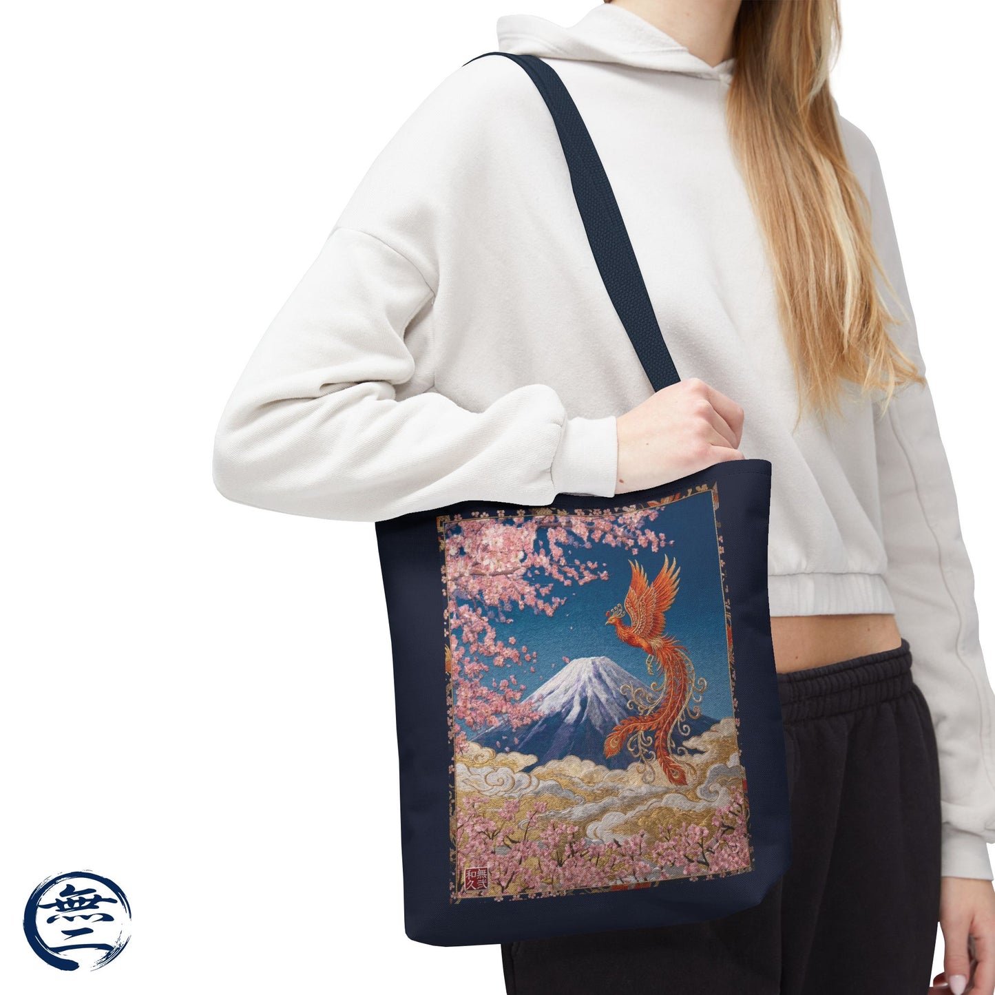 Japanese Phoenix Houou Mt Fuji Sakura Aop Tote Bag - Japandi Zen Aesthetic, Embroidery Texture Style, Mindfulness Gift HF3D | MU-NI Japan