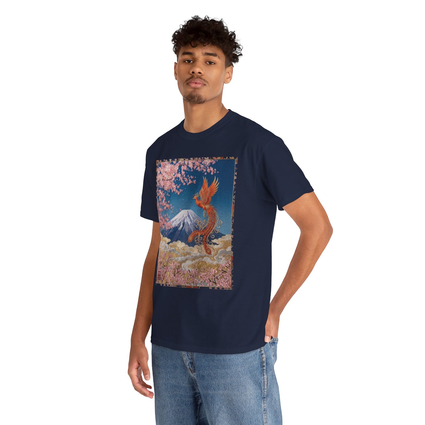 Japanese Phoenix Houou Mt Fuji Sakura T-Shirt - Japandi Zen Aesthetic Tee, Embroidery Texture Style, Mindfulness Gift HF3T | MU-NI Japan