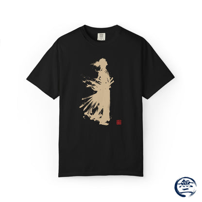 Minimalist Samurai Silhouette Zen T-Shirt - Japanese Calligraphy Kanji Shodo Art - One and Only Garment-Dyed Tee SR3U | MU-NI Japan