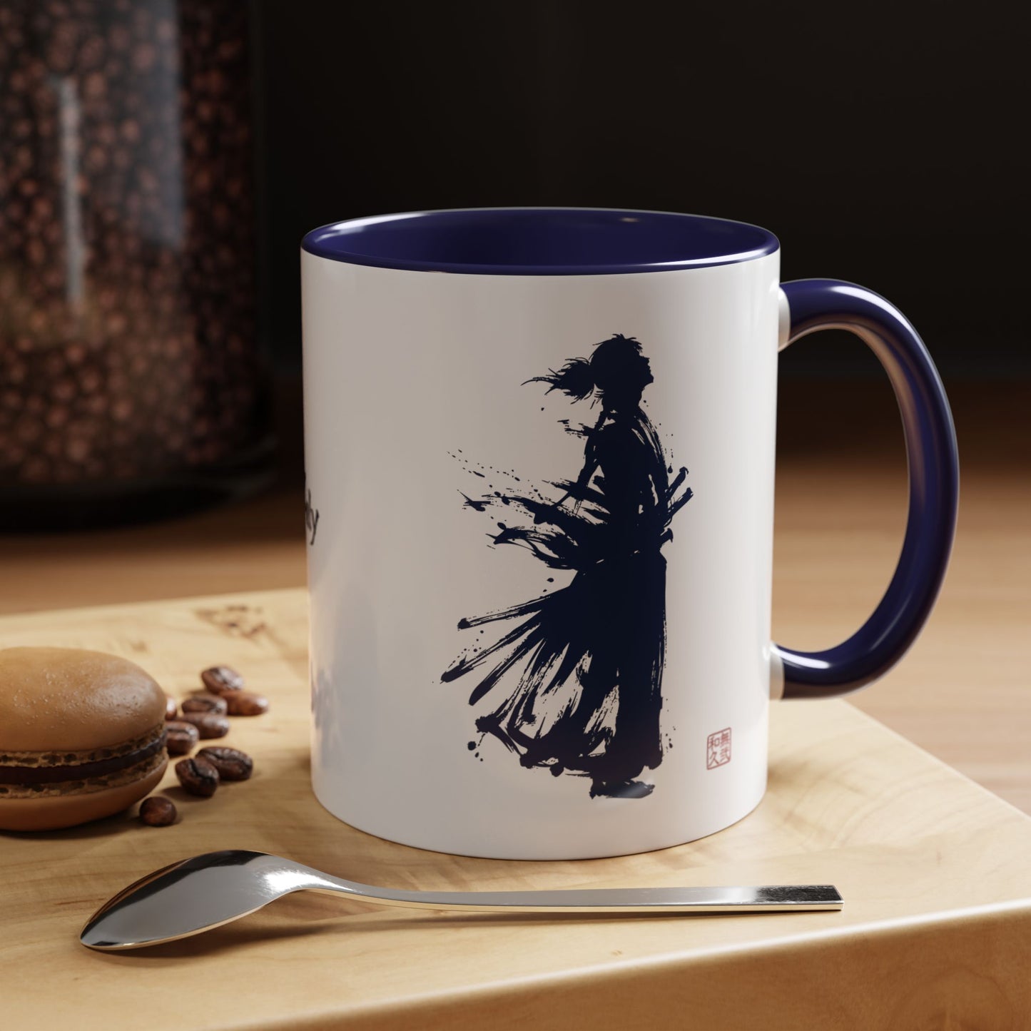 Samurai Warrior Silhouette Mug, Minimalist Japanese Art Zen Coffee Cup, Bushido Spirit, Japandi Home Office Decor 11/15oz SR2M | MU-NI Japan