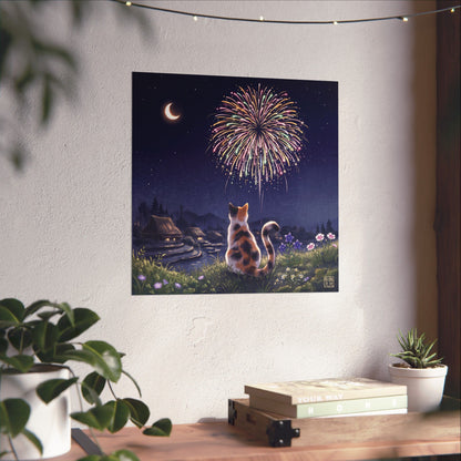 Calico Cat and Fireworks Art Print - Japanese Nostalgic Summer Night Poster | MU-NI Japan