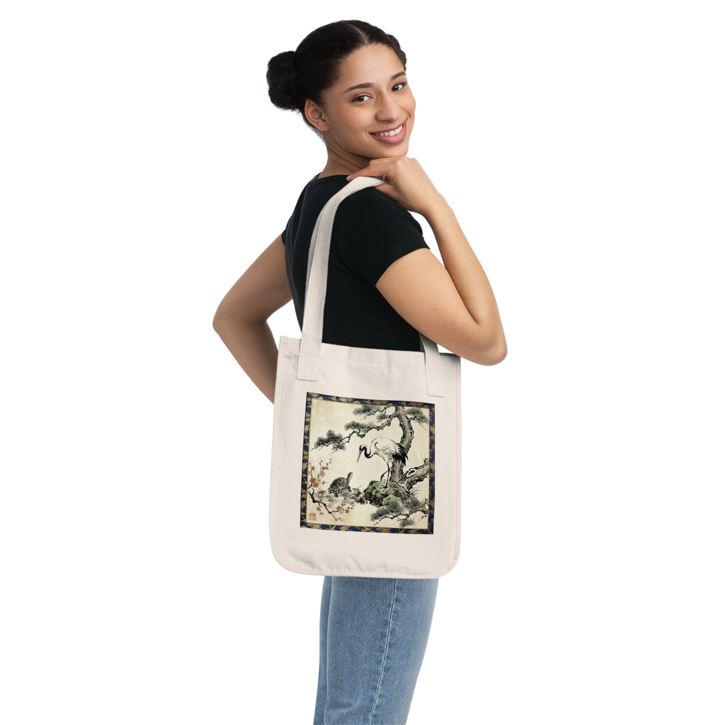 Japanese Crane and Turtle Premium Organic Cotton Tote Bag - Zen Sumi-e Art Canvas Bag, Symbol of Longevity & Peace Gift CT2B | MU-NI Japan