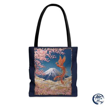Japanese Phoenix Houou Mt Fuji Sakura Aop Tote Bag - Japandi Zen Aesthetic, Embroidery Texture Style, Mindfulness Gift HF3D | MU-NI Japan