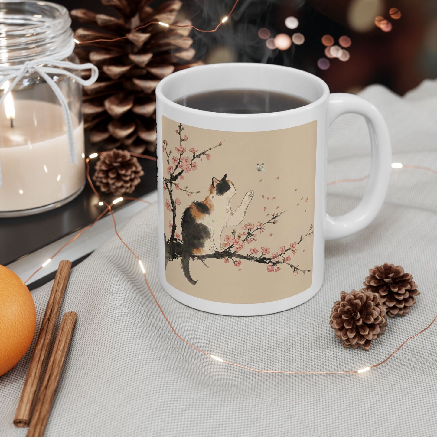 Japanese Calico Cat & Cherry Blossom Sakura Ceramic Mug | Zen Sumi-e Ink Art | Minimalist Japandi Coffee Cup 11oz 15oz CC2O | MU-NI Japan
