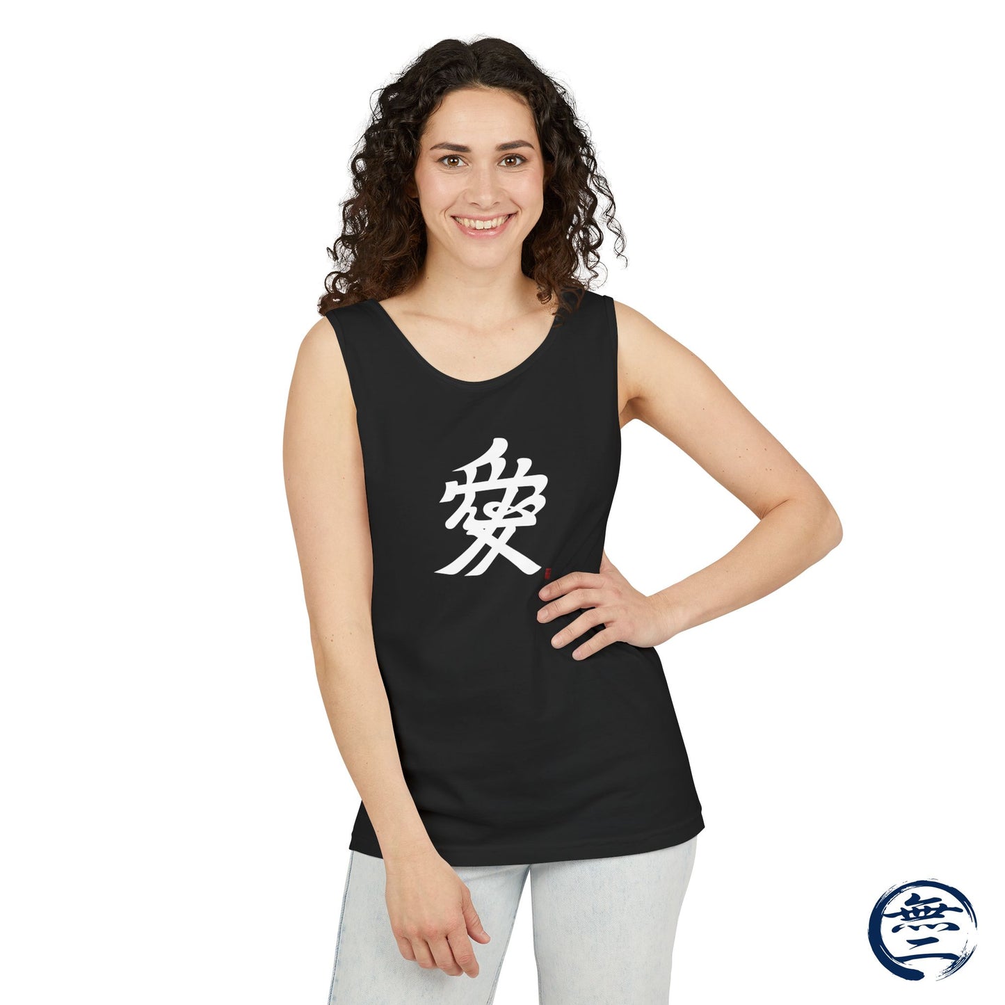 Japanese Kanji Love Tank Top, Naoe Kanetsugu Samurai Crest Minimalist Graphic Sleeveless Shirt | MU-NI Japan