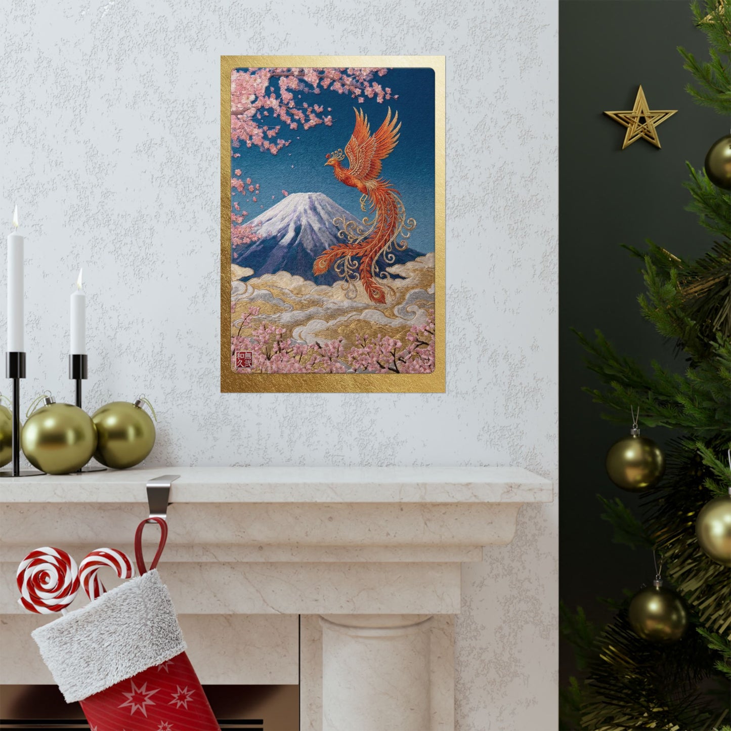 Japanese Phoenix Houou Mount Fuji Wall Art - Modern Embroidery Style Textured Poster | Zen Home Decor & Auspicious Gift HF3I | MU-NI Japan