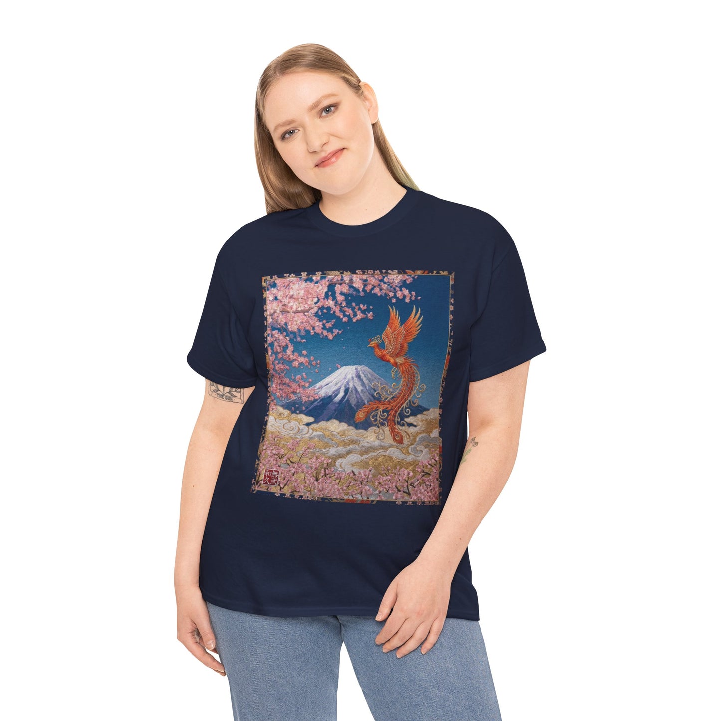 Japanese Phoenix Houou Mt Fuji Sakura T-Shirt - Japandi Zen Aesthetic Tee, Embroidery Texture Style, Mindfulness Gift HF3T | MU-NI Japan