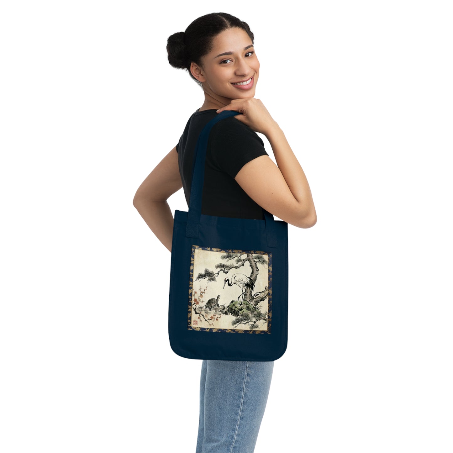 Japanese Crane and Turtle Premium Organic Cotton Tote Bag - Zen Sumi-e Art Canvas Bag, Symbol of Longevity & Peace Gift CT2B | MU-NI Japan