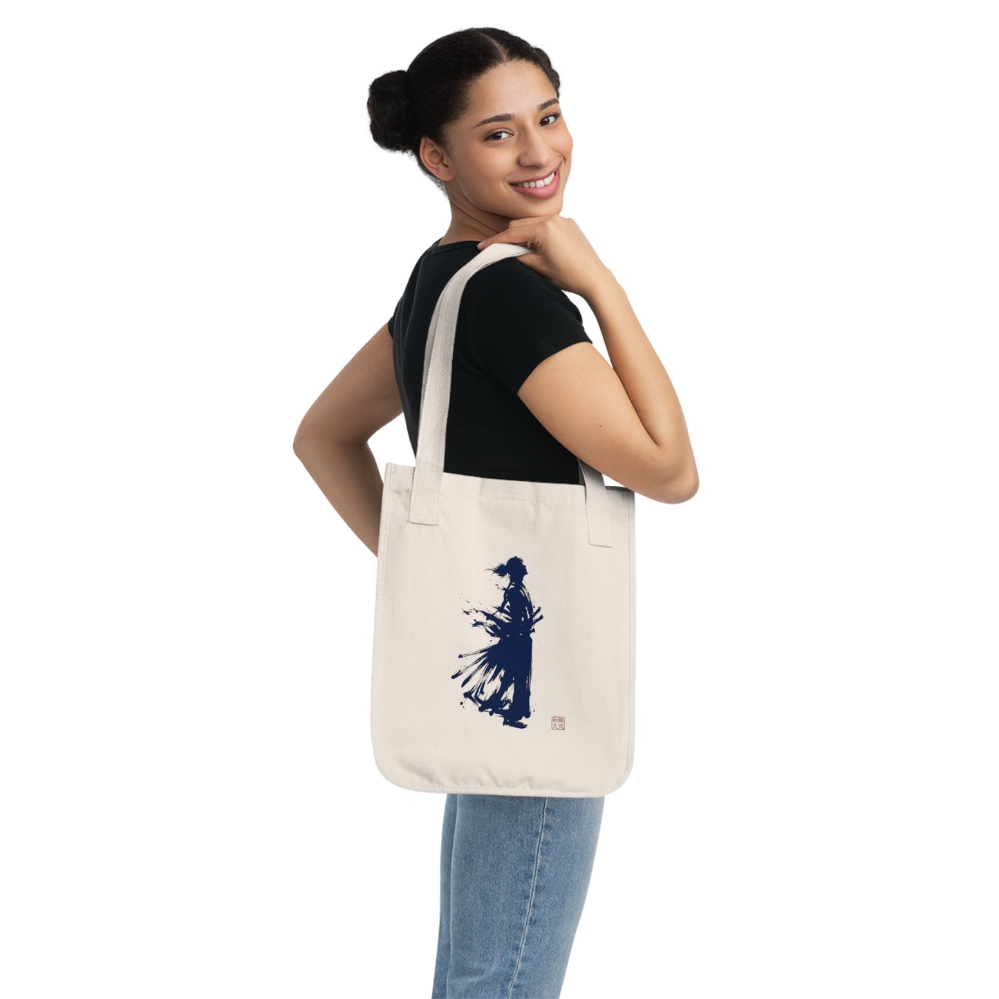 Samurai Warrior Silhouette Organic Cotton Tote Bag, Minimalist Japanese Calligraphy Art , Sustainable Eco-Friendly lgt SR2B | MU-NI Japan