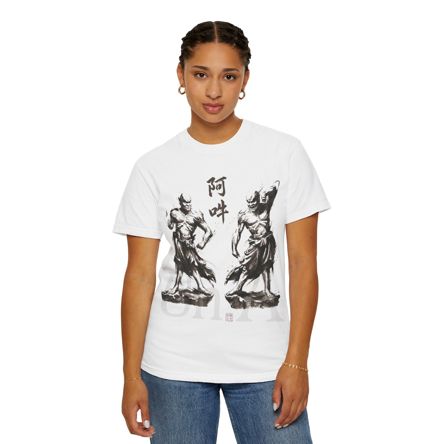 Nioh Guardians A-un Graphic Tee - Ink Wash Painting Japanese Zen Buddhist Art, Protective Spirit Minimalist Design T-shirt NI2T | MU-NI Japan
