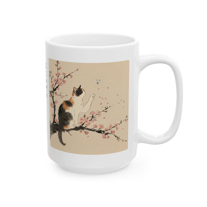 Calico Cat & Cherry Blossom Sakura Ceramic Mug - Japanese Poem Coffee Cup 11oz 15oz | CC2O MU-NI Japan