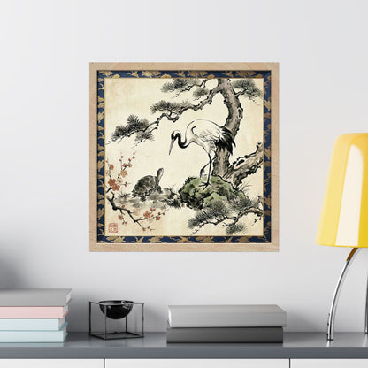 Japanese Crane and Turtle Pine and Plum Tree Matte Square Poster - Symbol of Longevity & Peace  | CT2K MU-NI Japan