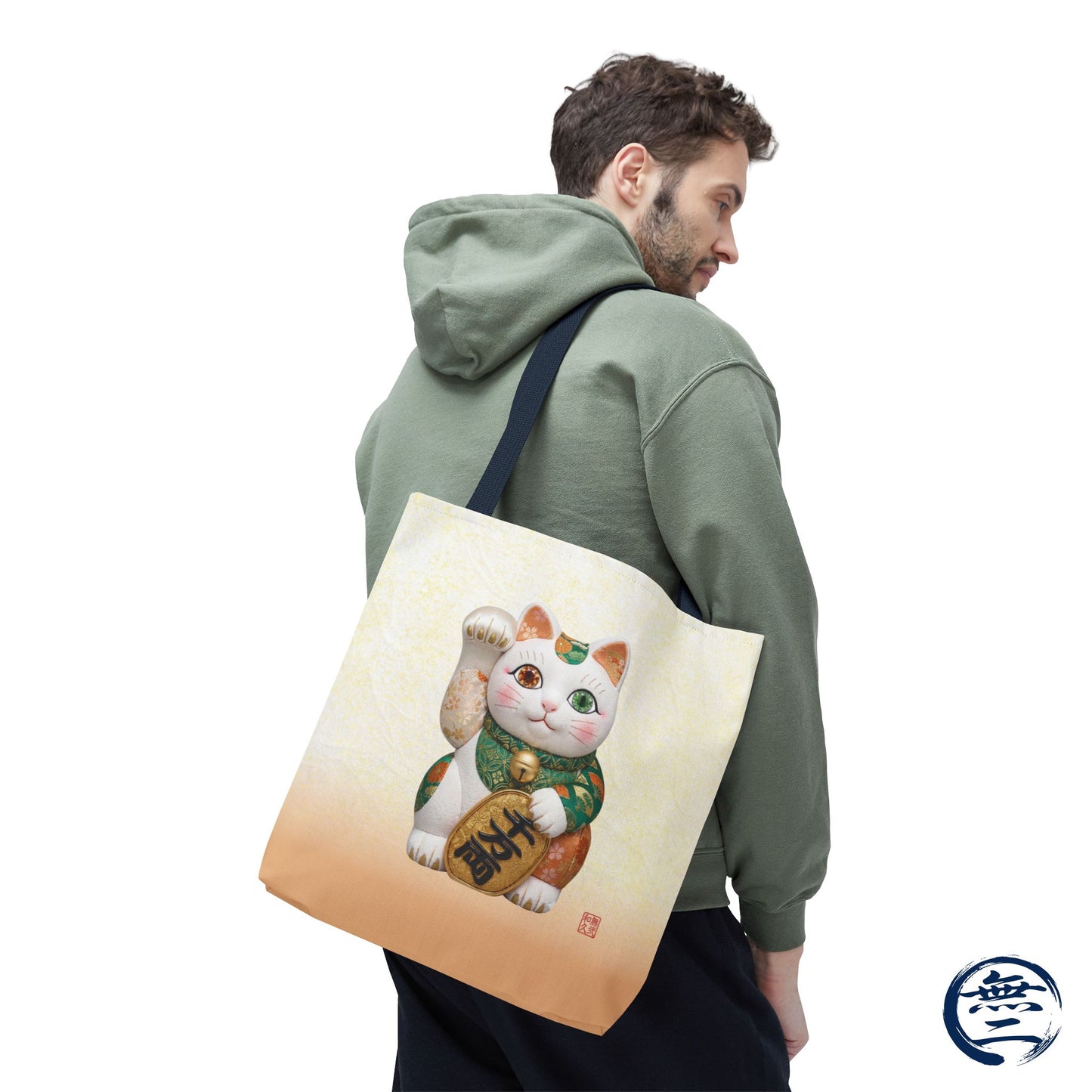 Shin-Maneki neko Modern Kimekomi Decor Style Tote Bag | Kawaii Odd-Eye & Smile Dual Design- Beckon Wealth and Prosperity MK2D | MU-NI Japan