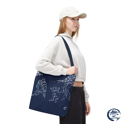 Choju Giga Tote Bag -AIZOME- Japanese Indigo Style Frogs and Rabbits Vintage Scroll Art | MU-NI Japan