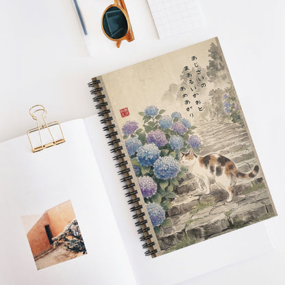 Calico Cat & Hydrangea Spiral Notebook - Japanese Beautiful Rainy Season Journal | CC3I MU-NI Japan