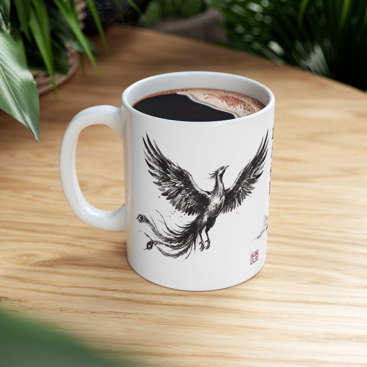 Rising Phoenix Houou over Mount Fuji Ceramic Mug - Japanese Sumi-e Zen Art Coffee Cup, Aesthetic Japandi Home Decor Gift HF1L | MU-NI Japan