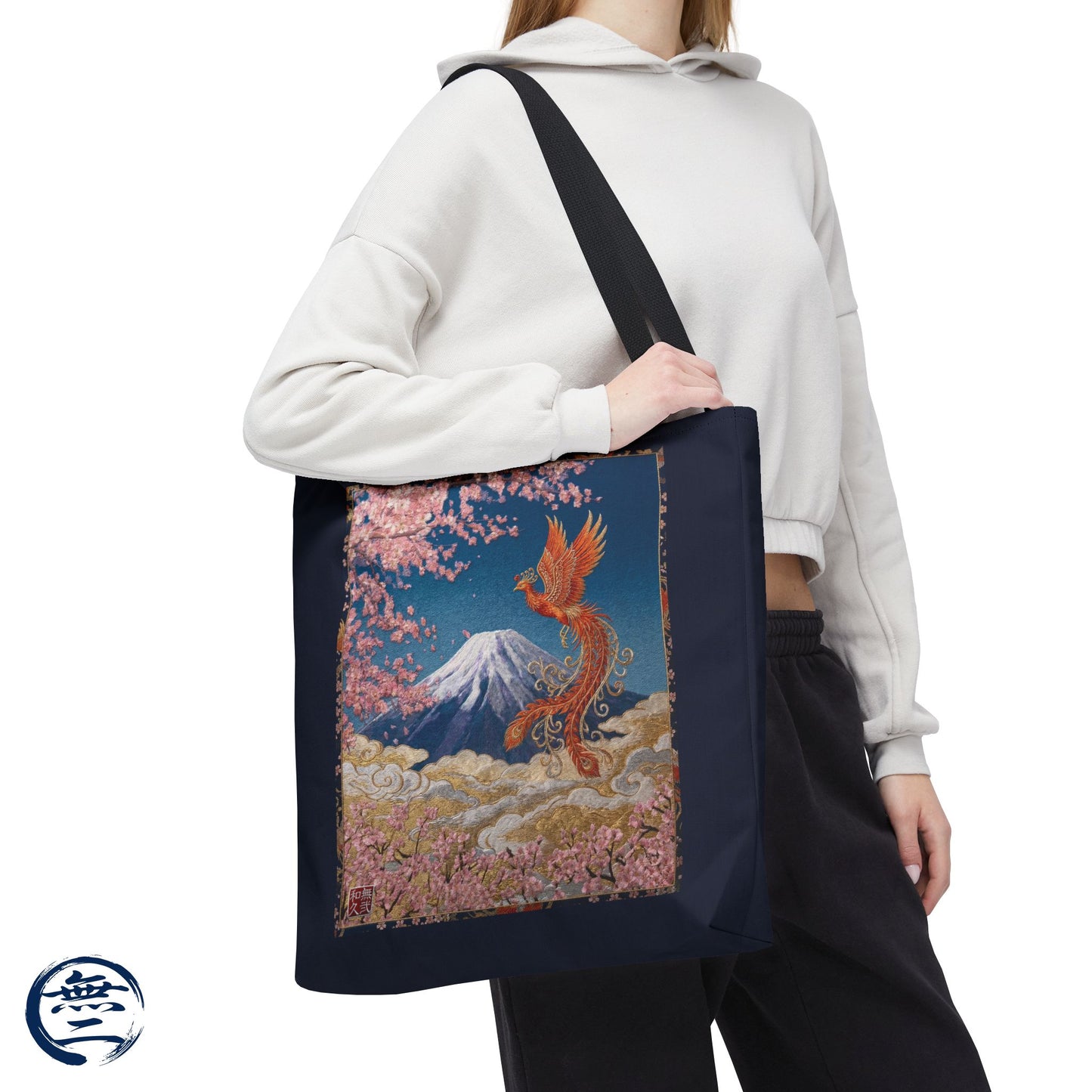 Japanese Phoenix Houou Mt Fuji Sakura Aop Tote Bag - Japandi Zen Aesthetic, Embroidery Texture Style, Mindfulness Gift HF3D | MU-NI Japan