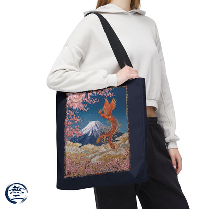 Japanese Phoenix Houou Mt Fuji Sakura Aop Tote Bag - Japandi Zen Aesthetic, Embroidery Texture Style, Mindfulness Gift HF3D | MU-NI Japan