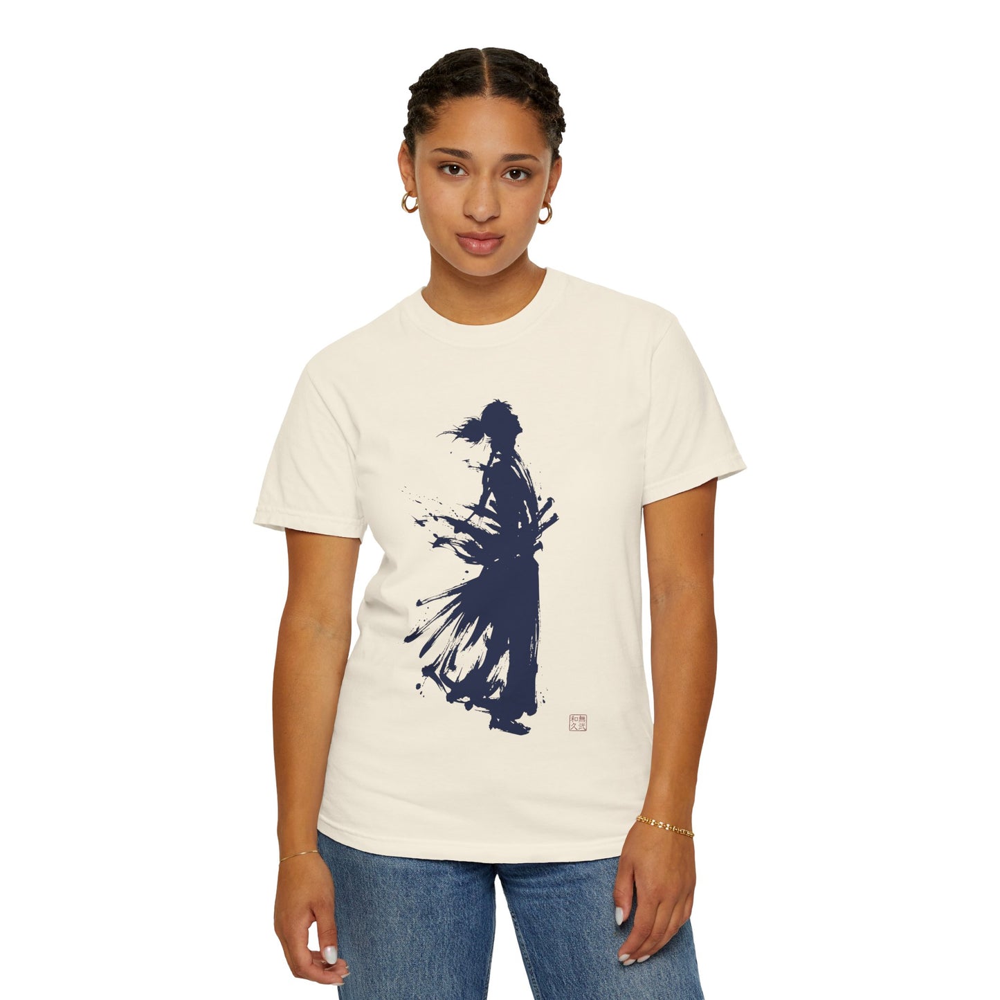 Minimalist Samurai Silhouette Zen T-Shirt - Japanese Calligraphy Kanji Shodo Art - One and Only Garment-Dyed Tee SR2T | MU-NI Japan