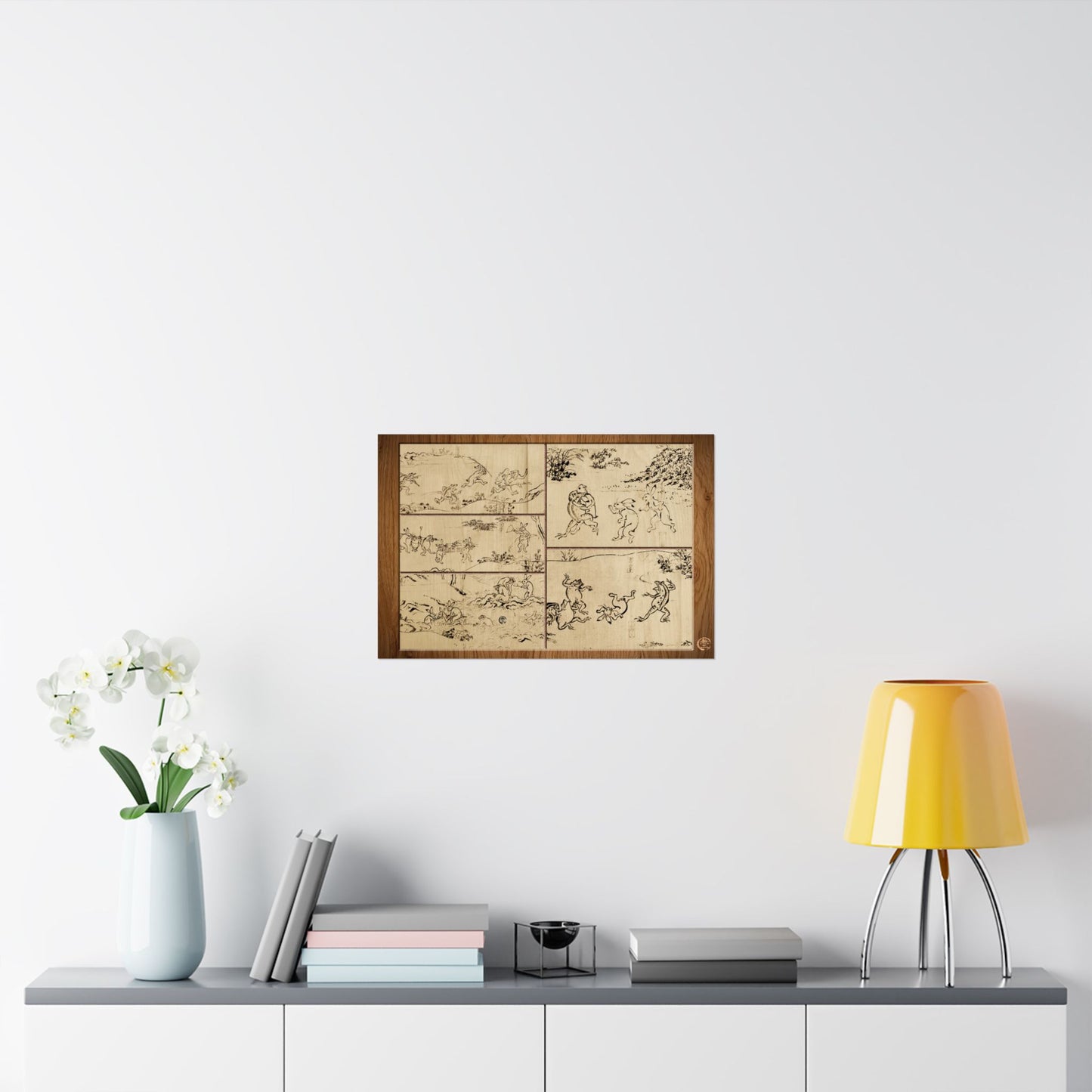 Choju Giga Frogs and Rabbits Woodburn Style Japanese Art Print- -3D Printed Frame Effect Wall Decor Poster | MU-NI Japan