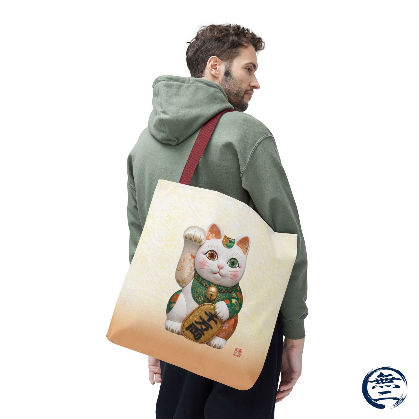 Shin-Maneki neko Modern Kimekomi Decor Style Tote Bag | Kawaii Odd-Eye & Smile Dual Design- Beckon Wealth and Prosperity MK2D | MU-NI Japan