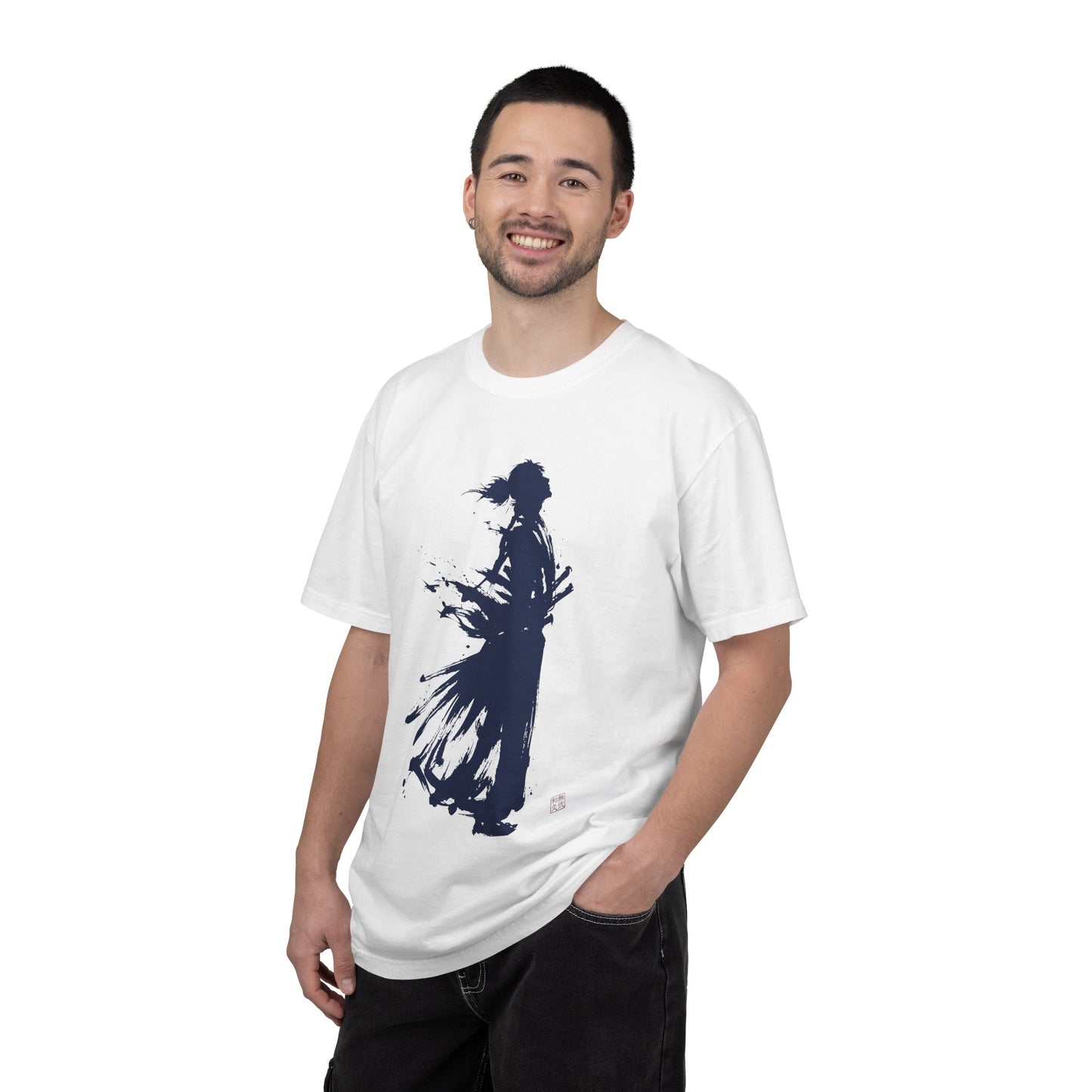 Minimalist Samurai Silhouette Zen T-Shirt - Japanese Calligraphy Kanji Shodo Art - One and Only Garment-Dyed Tee SR2T | MU-NI Japan