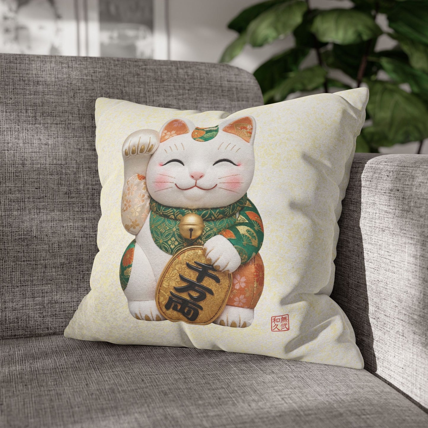 Shin-Maneki neko Modern Kimekomi Decor Style Spun Polyester Square Pillowcase |  Beckon Wealth and Prosperity Kawaii Cat MK2W | MU-NI Japan