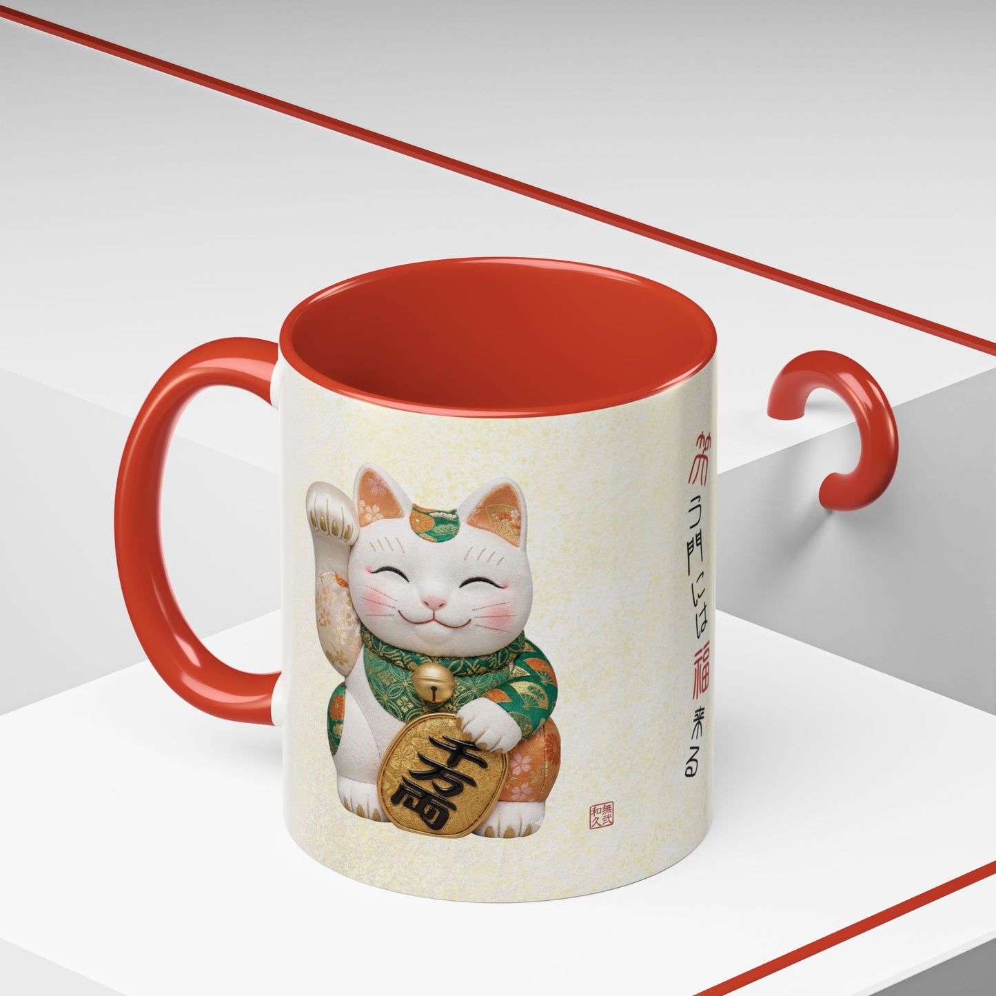 Shin-Maneki neko Modern Kimekomi Decor Style Mug (11oz) | Odd-Eye & Smile Dual Design- Beckon Wealth and Prosperity NK2M | MU-NI Japan