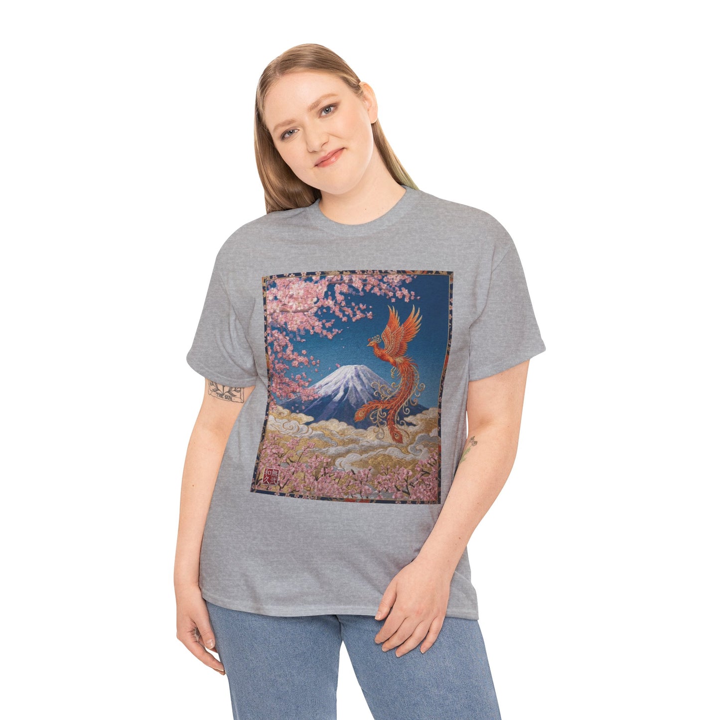 Japanese Phoenix Houou Mt Fuji Sakura T-Shirt - Japandi Zen Aesthetic Tee, Embroidery Texture Style, Mindfulness Gift HF3T | MU-NI Japan