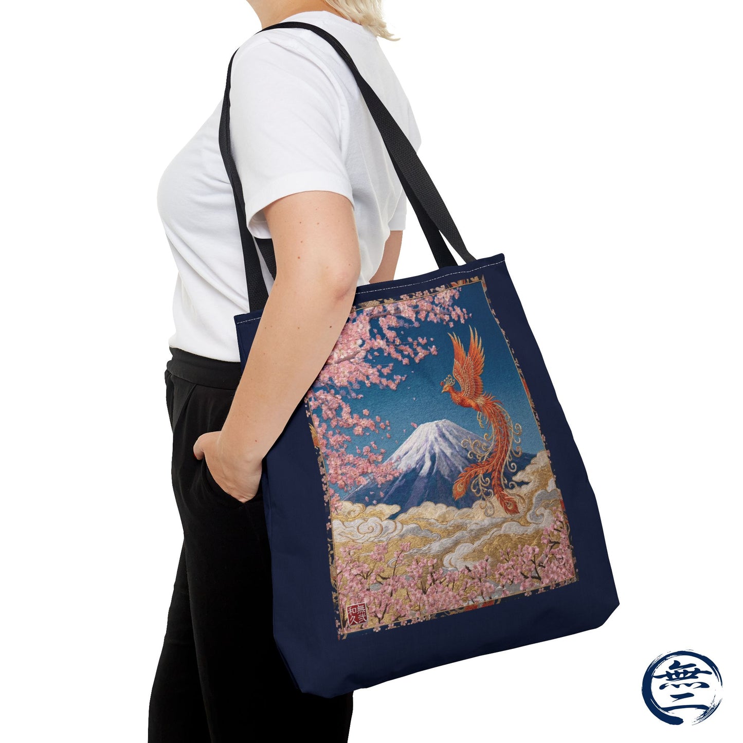 Japanese Phoenix Houou Mt Fuji Sakura Aop Tote Bag - Japandi Zen Aesthetic, Embroidery Texture Style, Mindfulness Gift HF3D | MU-NI Japan