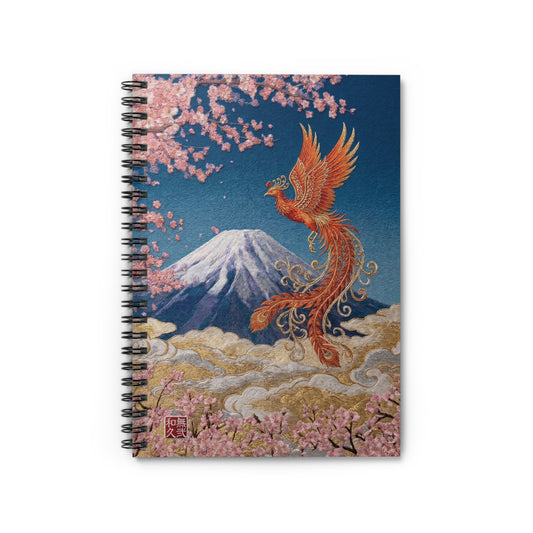 Japanese Phoenix Houou Mt Fuji Sakura Spiral Notebook - Japandi Zen Aesthetic, Embroidery Texture Style, Mindfulness Gift HF3I | MU-NIJapan