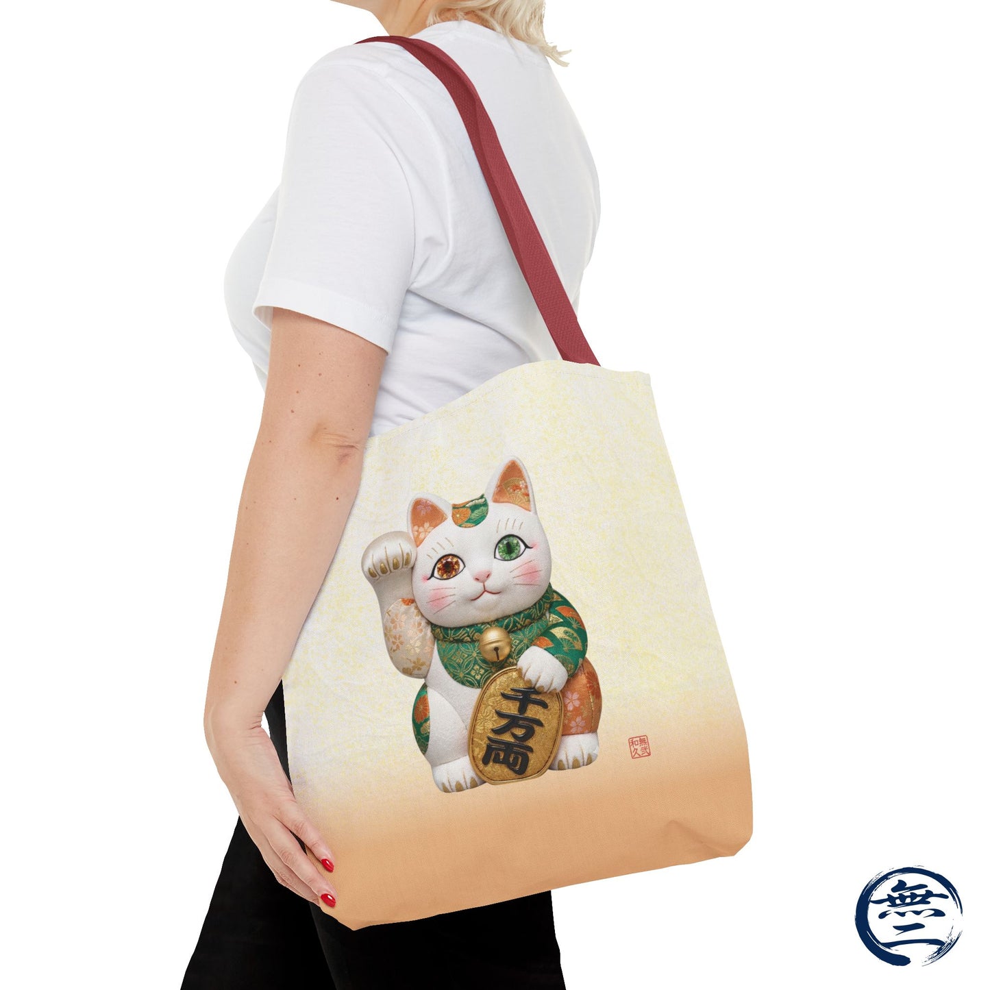 Shin-Maneki neko Modern Kimekomi Decor Style Tote Bag | Kawaii Odd-Eye & Smile Dual Design- Beckon Wealth and Prosperity MK2D | MU-NI Japan